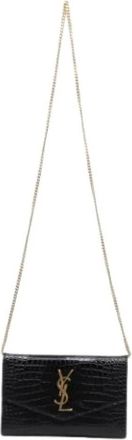 Saint Laurent Pre-owned Uptown Croc-Embossed Chain on Wallet - Dames - Vintage Schoudertas - Zwart - ONE Size - Leer - Vintage