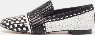 Stuart Weitzman Black/white Woven Leather Riviera Smoking Slippers