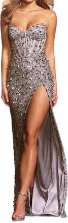 Sherri Hill High Slit Strapless Paillettes Dress In Silver