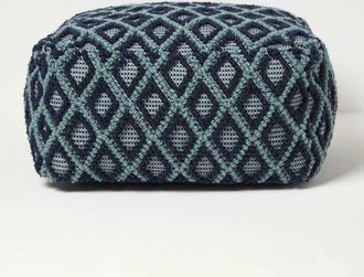 Homescapes Tula Handwoven Textured Navy & Teal Pouffe Bean Cube