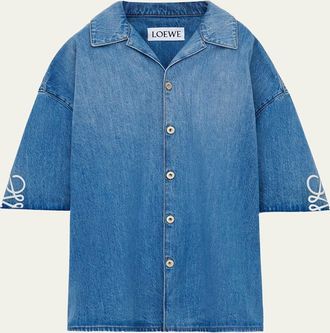 Loewe Mens Washed Denim Anagram-Sleeve Camp Shirt