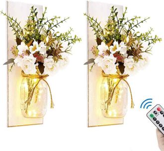 OEM Apliques De Pared R&uacute;sticos Grises Con Tarros Mason Para Decoraci&oacute;n De Interiores, Tarros Mason Decorativos Y Elegantes Con Tira Led, Hortensias De Sed