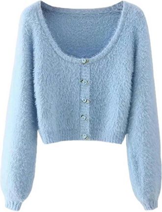 Generic Retro Gentle Furry Long-Sleeved Solid Color top French Sweet and Fresh Short Knitted Cardigan Jacket for Women - Blue - one Size