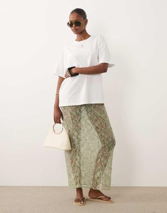 Asos Gonna lunga verde in delicato pizzo trasparente con paillettes