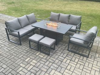 Fimous Aluminium 6 Pieces Garden Furniture Sofa Set with Cushions 9 Seater Gas Fire Pit Dining Table Set with 2 Small Footstools in Dark Grey