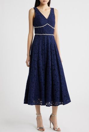 Tahari by ASL Faux Pearl & Rhinestone Detail Floral Lace Cocktail Midi Dress in Navy at Nordstrom, Size 16