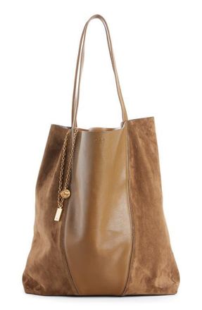 Chlo&eacute; Medium Spin Leather & Suede Tote in Dark Khaki at Nordstrom