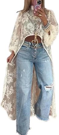 Generic Womens Round Neck Lace Short Front and Long Back Casual Top, Long Sleeve Summer Asymmetrical High Low Dress Cover-Up (Apricot,l)