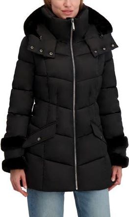 Shelli Segal Petal Faux Fur Trim Hooded Puffer Jacket in Black at Nordstrom Rack, Size X-Small