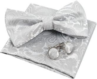 Alizeal Mens Handmade Paisley Pre-tied Bow Tie, Pocket Square and Cufflinks Set, Silver