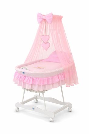 OEM Mois&eacute;s De Mimbre Con Dosel Y Osito De Peluche Con Lazo - Ropa De Cama Blanca Y Rosa