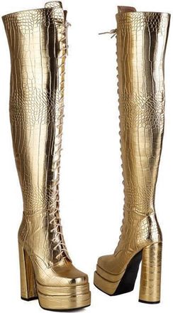 Generic Fashion Womens Gold Snake Print Over-The-Knee Boots, Chunky Block Heel & Square Toe, Side Zipper Winter Thigh High Boots for Women(Golden,5.5 UK)
