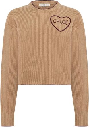 Chlo&eacute; Gebreide trui met hartborduurwerk - Dames - Ronde hals truien - Beige - L - Wol - Truien & Vesten