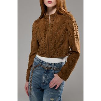 Azalea Wang Silza Studded Faux Suede Moto Jacket in Brown at Nordstrom, Size X-Large