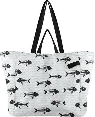 Generic Fish White print Reusable Canvas Tote Bag, Heavy Duty Grocery Shopping Bag with Double Handles Large Capacity Hard Bottom Work Groceries Travel