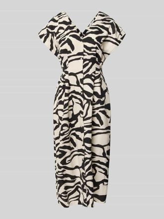 Ichi Midikleid aus Leinen-Viskose-Mix mit V-Ausschnitt in Offwhite, Gr&ouml;&szlig;e 36