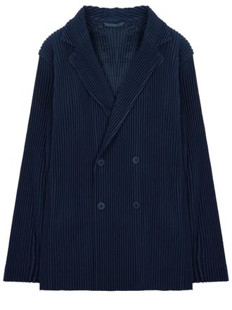 Homme Pliss&eacute; Issey Miyake Navy Double-Breasted Pleated Tailored Jacket