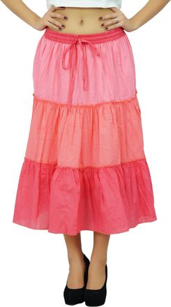 Bimba Flaired Cotton Boho Summer Skirt Elastic Waist Mid-Calf Ruffle Skirts Peach