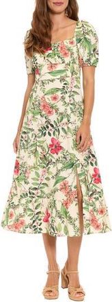London Times Floral Puff Sleeve Empire Waist Midi Dress in Cream/Pink Flambe at Nordstrom Rack, Size 10