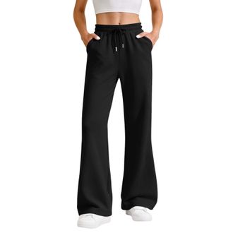 Generic Womens Casual Joggers Sweatpants Solid Color Drawstring High Waist Wide Leg Pants with Pockets Womens Wide Leg Sweatpants Elastic High Waisted Drawstr