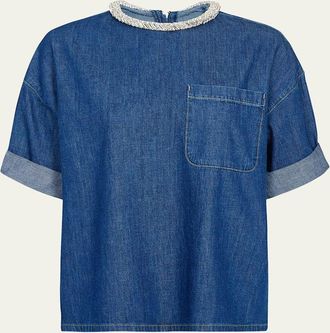 TWP Ex T in Denim Shirting with Crystal Collar