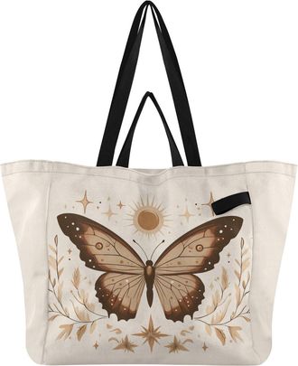 Generic Butterfly Stars Floral Beige print Reusable Canvas Tote Bag, Heavy Duty Grocery Shopping Bag with Hard Bottom Large Capacity Double Handles Work Groce