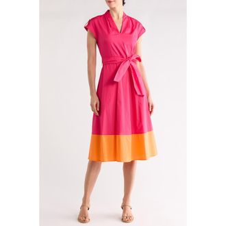 Vince Camuto Colorblock Cap Sleeve Cotton Poplin Midi Dress in Pink Multi at Nordstrom Rack, Size 12