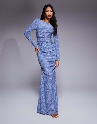 Asos burnout long sleeve ruched maxi dress in blue
