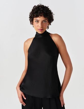 Ghost London Reese High Neck Satin Top in Black at Nordstrom, Size 14