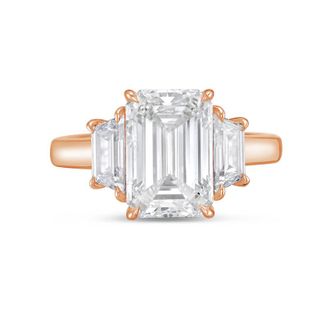 Diana M. Jewels 18kt rose gold lab grown 12ct emerald diamond ring with trapezoids on the sides