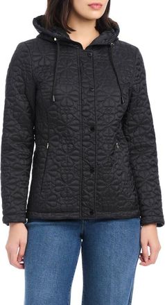 Kate Spade New York water resistant hooded floral quilted short jacket in Black at Nordstrom, Size Medium