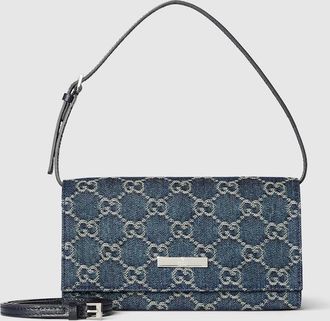 Gucci Small Pouch With Strap And Gucci Plaque, Blue, Fabric