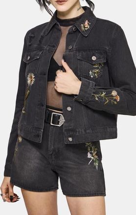 Disturbia Faela Fairy Embroidered Denim Jacket in Black at Nordstrom, Size 12