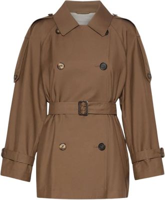 Max Mara Jassen, Dames, Bruin, S, Katoen, Korte Gabardine Trenchcoat van Waterafstotende Twill