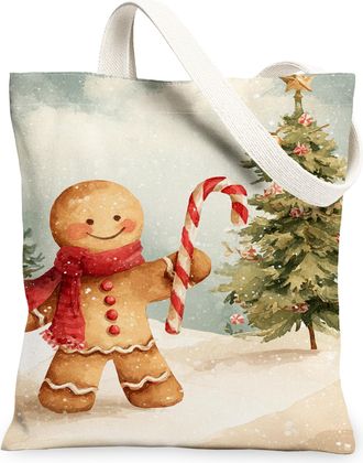 Generic Gingerbread Canvas Tote Bags, Holiday Biscuits Pattern Reusable Grocery Bags, Winter Vintage Lightweight Washable Shoulder, Beige, 13x15 Inch