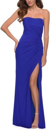 La Femme Strapless Jersey Dress with Ruching and Skirt Slit in Royal Blue at Nordstrom, Size 16