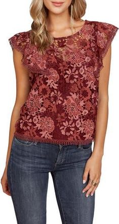 Matty M Floral Lace Ruffle Cap Sleeve Top in Wine at Nordstrom Rack, Size X-Small