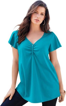 Roaman's Plus Size Cotton Ultimate Flutter Sleeve Sweetheart Tee in Deep Turquoise at Nordstrom, Size 36