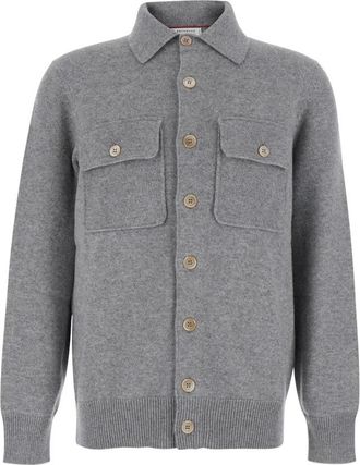 Brunello Cucinelli Cashmere Vest-stijl Cardigan met Borstzakken - Heren - Cashmere truien - Grijs - L - Kasjmier - Truien & Vesten