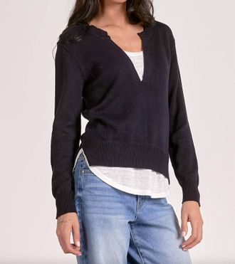 Elan Angela V-Neck Layered Sweater In Navy/white