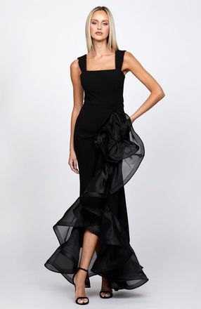 Bariano Alexis Ruffle Fishtail Hi Lo Gown in Black at Nordstrom, Size 10