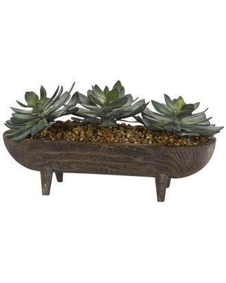 D&W Silks Frosted Green Echeveria In Wooden Dough Bowl