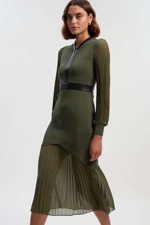 Karen Millen Pu Trim Woven Sleeved Pleated Dress in Olive at Nordstrom, Size X-Small