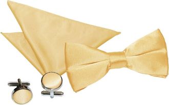 DQT Men Pre-Tied Plain Satin Wedding Bow Tie + Pocket Square & Cufflinks Set - Pale Yellow
