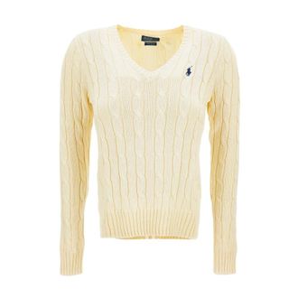 Polo Ralph Lauren V-neck Knitwear, female, White, L, Cable-Knit V-Neck Jumper