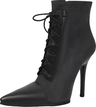 Generic Womens Party Ankle Boots Pointed Toe High Square Heel With Side Zipper And Front Lace Up Color Block Design