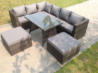 Fimous 8 Seater Rattan Corner Sofa Set Dining Table 2 Big Footstool Garden Furniture Outdoor in Dark Grey