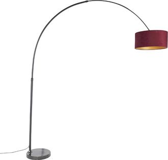 QAZQA Qazqa Moderno L&aacute;mpara De Arco Negra Con Pantalla De Terciopelo Rojo Y Dorado 50 Cm - Xxl Acero /m&aacute;rmol /textil Alargada /cil&iacute;ndra /redonda Adecuado Pa