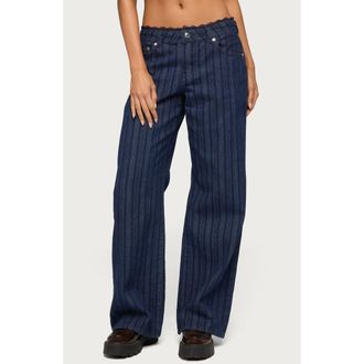 Edikted Stripe Lace Trim Low Rise Wide Leg Jeans in Blue at Nordstrom, Size X-Large