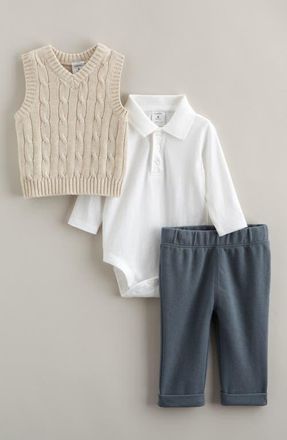 Nordstrom Dressed Up Cable Stitch Vest, Bodysuit & Pants Set in Beige O- White Blue Weather at Nordstrom, Size 12M
